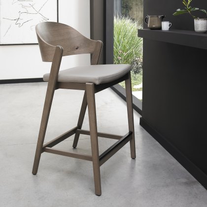 Astra Grey Oiled Oak Bar Stool in Grey Bonded Leather - Single