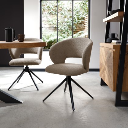 Stella 360° Self Returning Swivel Chair in a Mocha Beige Boucle Fabric with Black Legs