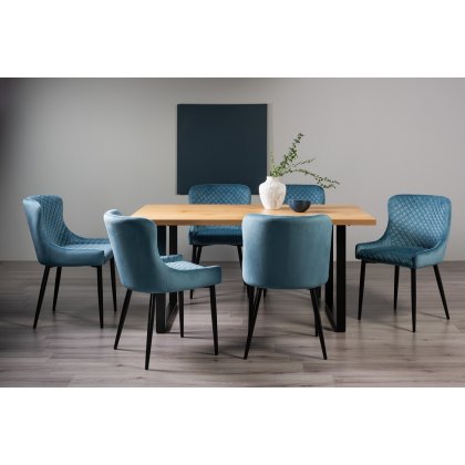 Ramsay U Leg Oak Effect 6 Seater Dining Table & 6 Cezanne Chairs in Petrol Blue Velvet Fabric with Black Legs