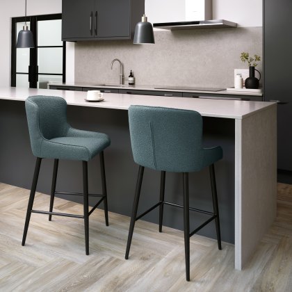 Rubens Blue Boucle Fabric Bar Stools with Black Legs