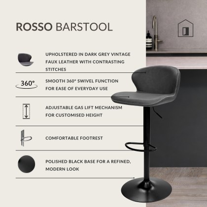 Rosso - Gas Lift Swivel Bar Stool in Dark Grey Vintage Faux Leather Rosso - Gas Lift Swivel Bar Stool in Dark Grey Vintage Faux Leather