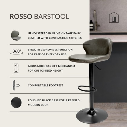 Rosso - Gas Lift Swivel Bar Stool in Olive Vintage Faux Leather Rosso - Gas Lift Swivel Bar Stool in Olive Vintage Faux Leather