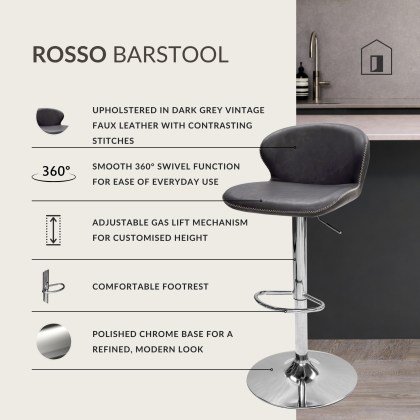 Rosso - Chrome Gas Lift Swivel Bar Stool in Dark Grey Vintage Faux Leather Rosso - Chrome Gas Lift Swivel Bar Stool in Dark Grey Vintage Faux Leather