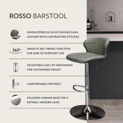 Rosso - Chrome Gas Lift Swivel Bar Stool in Olive Vintage Faux Leather Rosso - Chrome Gas Lift Swivel Bar Stool in Olive Vintage Faux Leather