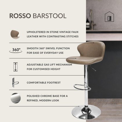 Rosso - Chrome Gas Lift Swivel Bar Stool in Stone Vintage Faux Leather Rosso - Chrome Gas Lift Swivel Bar Stool in Stone Vintage Faux Leather