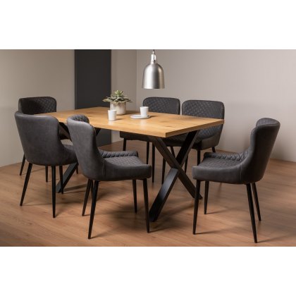 Ramsay X Leg Oak Effect 6 Seater Dining Table & 6 Cezanne Chairs in Dark Grey Faux Leather with Black Legs