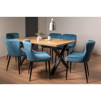 Ramsay X Leg Oak Effect 6 Seater Dining Table & 6 Cezanne Chairs in Petrol Blue Velvet Fabric with Black Legs