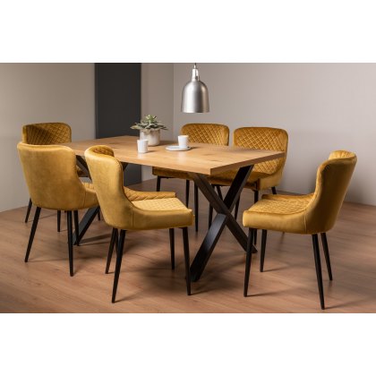 Ramsay X Leg Oak Effect 6 Seater Dining Table & 6 Cezanne Chairs in Mustard Velvet Fabric with Black Legs
