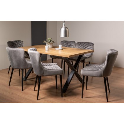 Ramsay X Leg Oak Effect 6 Seater Dining Table & 6 Cezanne Chairs in Grey Velvet Fabric with Black Legs