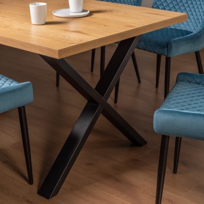 Ramsay X Leg Oak Effect 6 Seater Dining Table & 4 Cezanne Chairs in Petrol Blue Velvet Fabric with Black Legs