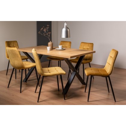 Ramsay X Leg Oak Effect 6 Seater Dining Table & 6 Mondrian Mustard Velvet Fabric Chairs