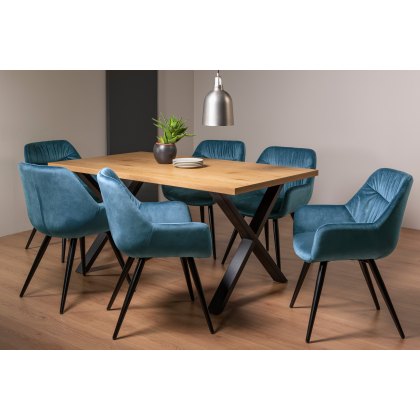 Ramsay X Leg Oak Effect 6 Seater Dining Table & 6 Dali Petrol Blue Velvet Fabric Chairs