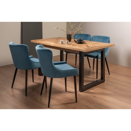 Lowry Rustic Oak 4-6 Dining Table & 4 Cezanne Chairs in Petrol Blue Velvet Fabric with Black Legs