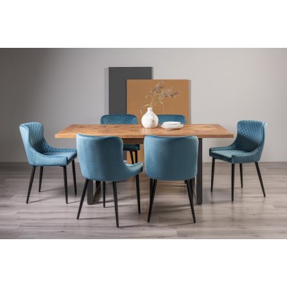 Lowry Rustic Oak 6 8 Dining Table 6 Cezanne Chairs in Petrol Blue Velvet Fabric with Black Legs