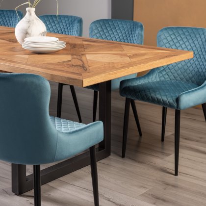 Lowry Rustic Oak 6-8 Dining Table & 6 Cezanne Chairs in Petrol Blue Velvet Fabric with Black Legs