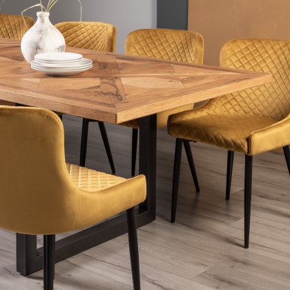 Lowry Rustic Oak 6-8 Dining Table & 6 Cezanne Chairs in Mustard Velvet Fabric with Black Legs