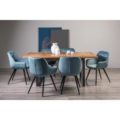 Lowry Rustic Oak 6-8 Dining Table & 6 Dali Petrol Blue Velvet Fabric Chairs