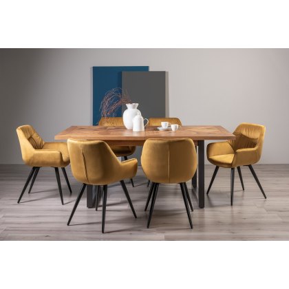 Lowry Rustic Oak 6-8 Dining Table & 6 Dali Mustard Velvet Fabric Chairs