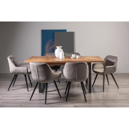 Lowry Rustic Oak 6-8 Dining Table & 6 Dali Grey Velvet Fabric Chairs