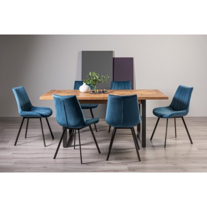 Lowry Rustic Oak 6-8 Dining Table & 6 Fontana Blue Velvet Fabric Chairs