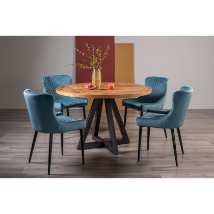 Lowry Rustic Oak 4 Seater Dining Table & 4 Cezanne Chairs in Petrol Blue Velvet Fabric with Black Legs