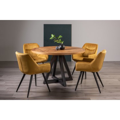 Lowry Rustic Oak 4 Seater Dining Table & 4 Dali Mustard Velvet Fabric Chairs