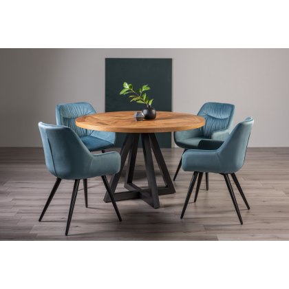 Lowry Rustic Oak 4 Seater Dining Table & 4 Dali Petrol Blue Velvet Fabric Chairs