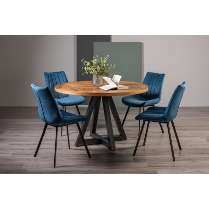 Lowry Rustic Oak 4 Seater Dining Table & 4 Fontana Blue Velvet Fabric Chairs