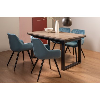 Turner Weathered Oak 4-6 Dining Table & 4 Dali Petrol Blue Velvet Fabric Chairs