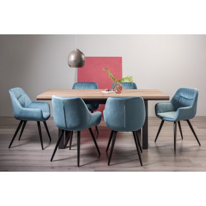 Turner Weathered Oak 6-8 Dining Table & 6 Dali Petrol Blue Velvet Fabric Chairs