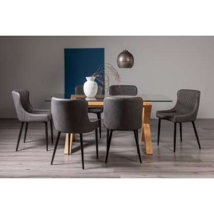 Goya Light Oak Glass 6 Seater Dining Table & 6 Cezanne Chairs in Dark Grey Faux Leather with Black Legs