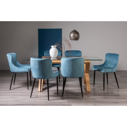 Goya Light Oak Glass 6 Seater Dining Table & 6 Cezanne Chairs in Petrol Blue Velvet Fabric with Black Legs