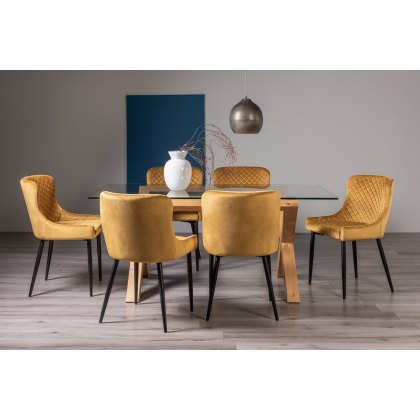 Goya Light Oak Glass 6 Seater Dining Table & 6 Cezanne Chairs in Mustard Velvet Fabric with Black Legs