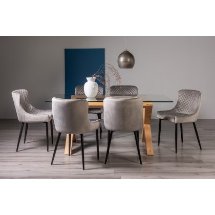 Goya Light Oak Glass 6 Seater Dining Table & 6 Cezanne Chairs in Grey Velvet Fabric with Black Legs