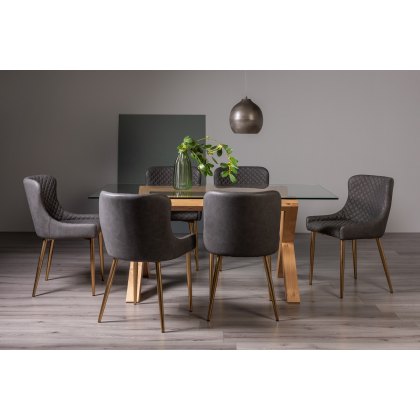 Goya Light Oak Glass 6 Seater Dining Table & 6 Cezanne Chairs in Dark Grey Faux Leather with Gold Legs