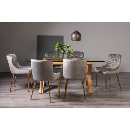 Goya Light Oak Glass 6 Seater Dining Table & 6 Cezanne Chairs in Grey Velvet Fabric with Gold Legs