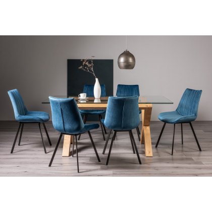 Goya Light Oak Glass 6 Seater Dining Table & 6 Fontana Blue Velvet Fabric Chairs