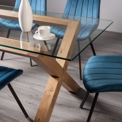 Goya Light Oak Glass 6 Seater Dining Table & 6 Fontana Blue Velvet Fabric Chairs