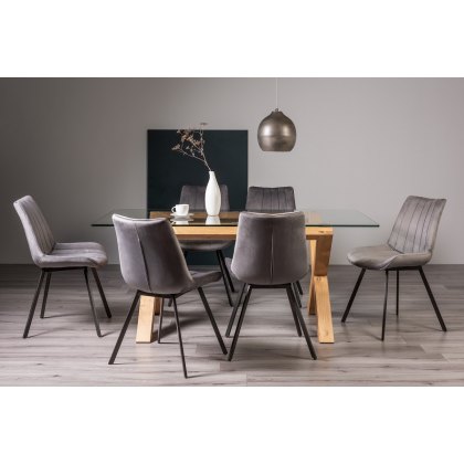 Goya Light Oak Glass 6 Seater Dining Table & 6 Fontana Grey Velvet Fabric Chairs