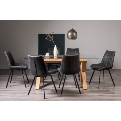 Goya Light Oak Glass 6 Seater Dining Table & 6 Fontana Dark Grey Faux Suede Chairs