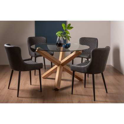 Goya Light Oak Glass 4 Seater Dining Table & 4 Cezanne Chairs in Dark Grey Faux Leather with Black Legs
