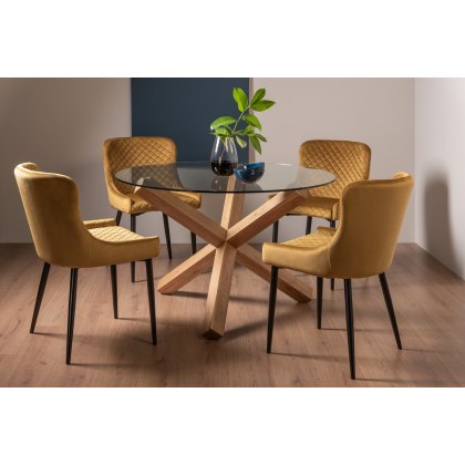 Goya Light Oak Glass 4 Seater Dining Table & 4 Cezanne Chairs in Mustard Velvet Fabric with Black Legs