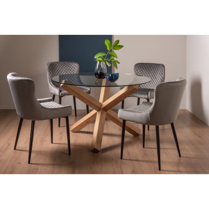 Goya Light Oak Glass 4 Seater Dining Table & 4 Cezanne Chairs in Grey Velvet Fabric with Black Legs