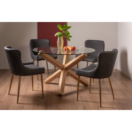 Goya Light Oak Glass 4 Seater Dining Table & 4 Cezanne Chairs in Dark Grey Faux Leather with Gold Legs