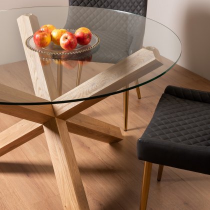 Goya Light Oak Glass 4 Seater Dining Table & 4 Cezanne Chairs in Dark Grey Faux Leather with Gold Legs