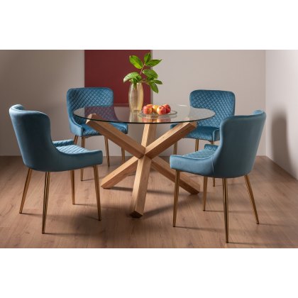 Goya Light Oak Glass 4 Seater Dining Table & 4 Cezanne Chairs in Petrol Blue Velvet Fabric with Gold Legs