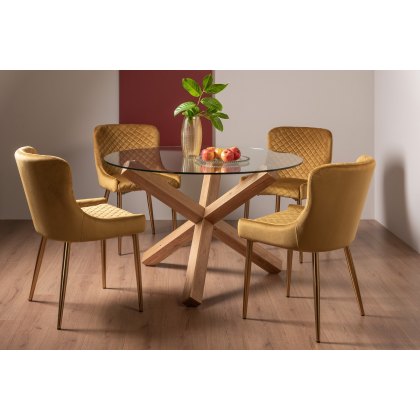 Goya Light Oak Glass 4 Seater Dining Table & 4 Cezanne Chairs in Mustard Velvet Fabric with Gold Legs