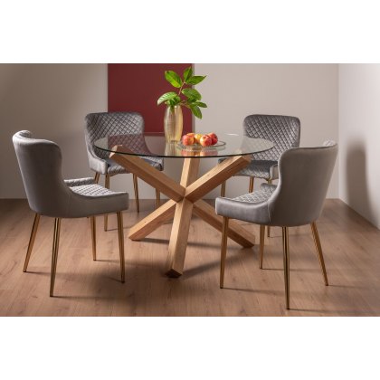 Goya Light Oak Glass 4 Seater Dining Table & 4 Cezanne Chairs in Grey Velvet Fabric with Gold Legs