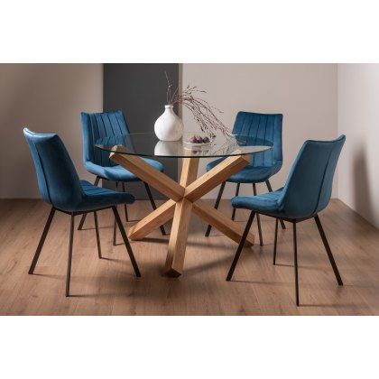 Goya Light Oak Glass 4 Seater Dining Table & 4 Fontana Blue Velvet Fabric Chairs