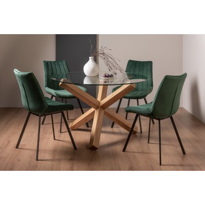 Goya Light Oak Glass 4 Seater Dining Table & 4 Fontana Green Velvet Fabric Chairs